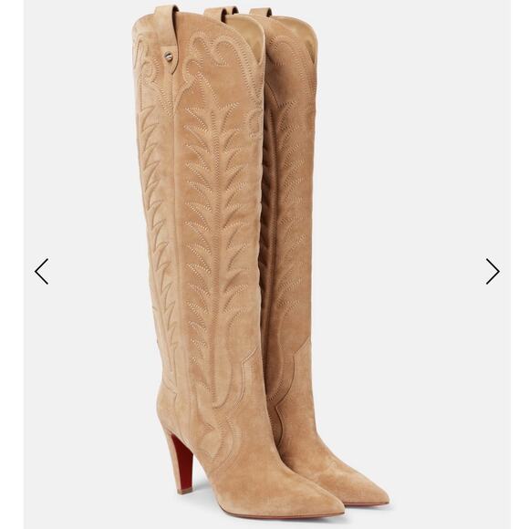 Christian Louboutin Santia Botta 85 Suede Knee High Western Boots Size 38.5 - Picture 1 of 15